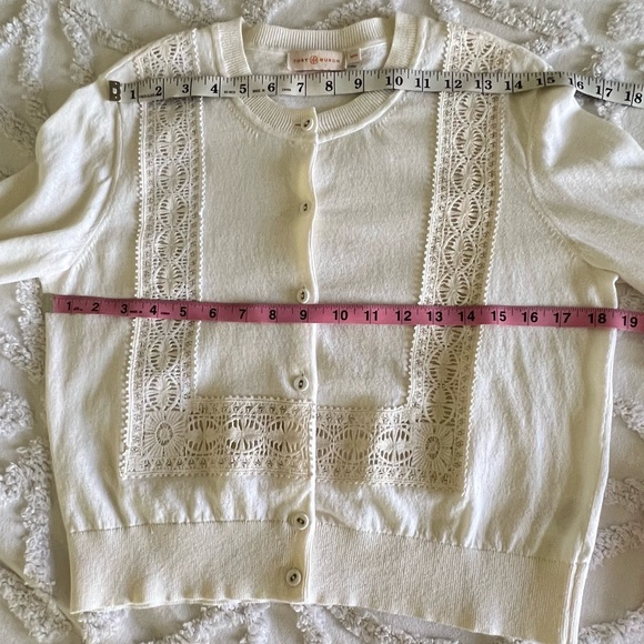 TORY BURCH White Fitted Sweater Cardigan with Crochet Detail - Picture 12 of 15